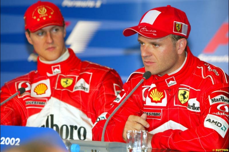 The post Qualifying Press Conference. Ralf Schumacher, Williams (2nd). Michael Schumacher, Ferrari (1st) Rubens Barrichello, Ferrari (3rd). German Grand Prix, Hockenheim, Germany, July 27th 2002.