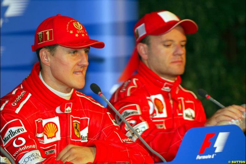 The post Qualifying Press Conference. Ralf Schumacher, Williams (2nd). Michael Schumacher, Ferrari (1st) Rubens Barrichello, Ferrari (3rd). German Grand Prix, Hockenheim, Germany, July 27th 2002.