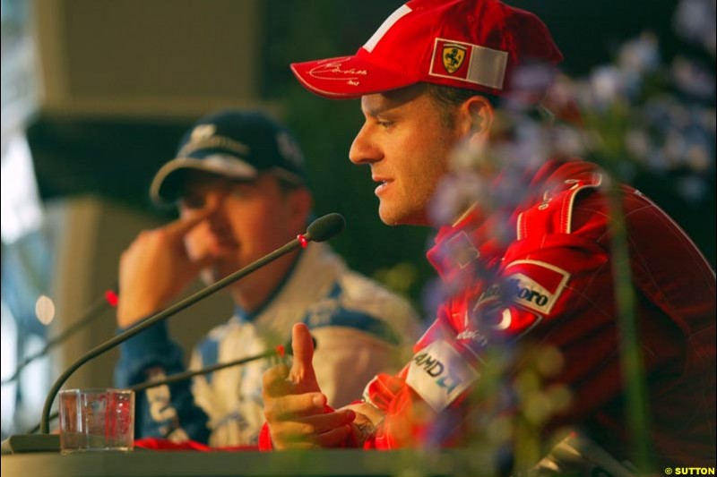 The post Qualifying Press Conference. Ralf Schumacher, Williams (2nd). Michael Schumacher, Ferrari (1st) Rubens Barrichello, Ferrari (3rd). German Grand Prix, Hockenheim, Germany, July 27th 2002.