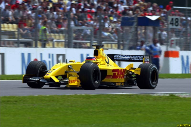 Takuma Sato, Jordan, during Qualifying. German Grand Prix, Hockenheim, Germany, July 27th 2002.