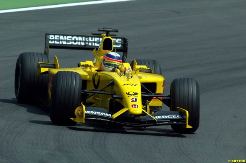 Takuma Sato, Jordan, during Qualifying. German Grand Prix, Hockenheim, Germany, July 27th 2002.