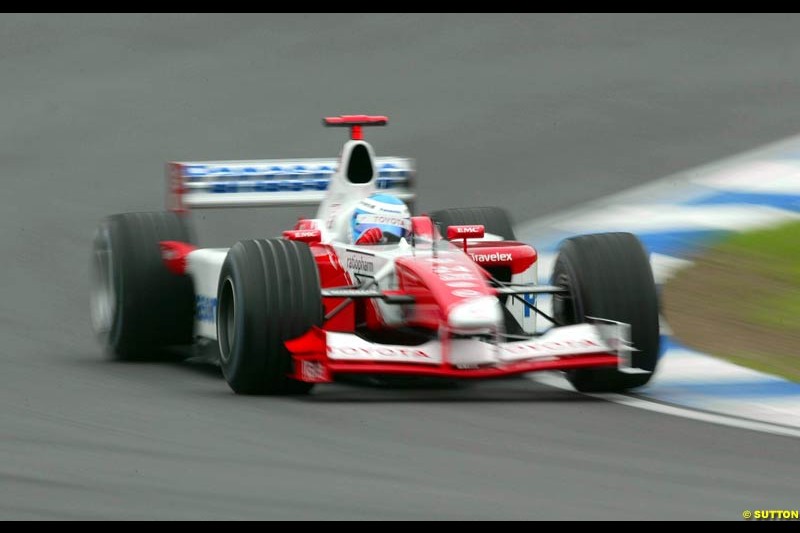 Mika Salo, Toyota, during Saturday Free Practice. German Grand Prix, Hockenheim, Germany, July 27th 2002.