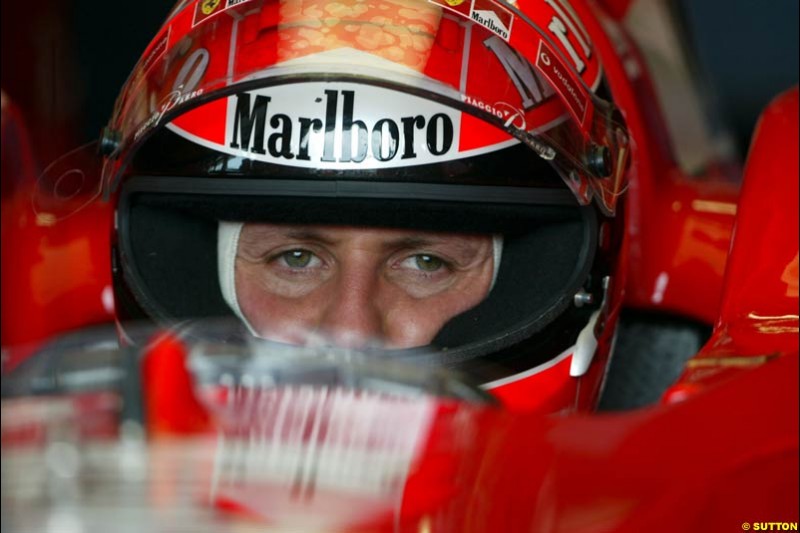 Michael Schumacher, Ferrari, during Friday free practice for the Hungarian Grand Prix, Hungaroring, Hungary, August 16 2002.