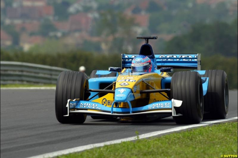 Jenson Button, Renault, during Friday free practice for the Hungarian Grand Prix, Hungaroring, Hungary, August 16 2002.