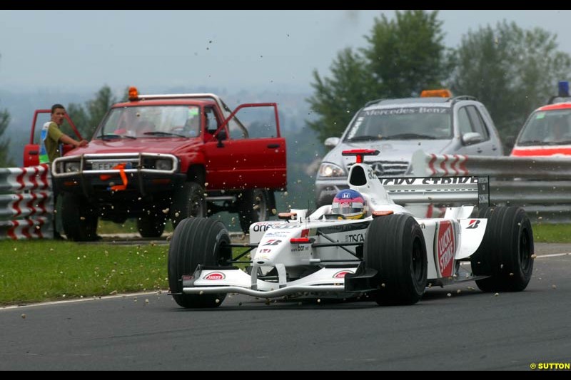 Jacques Villeneuve, British American Racing, during Friday free practice for the Hungarian Grand Prix, Hungaroring, Hungary, August 16 2002.