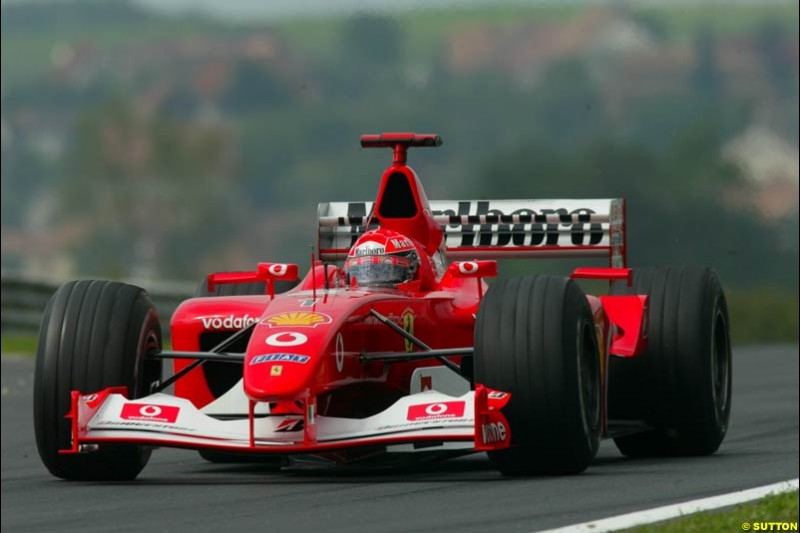 Michael Schumacher, Ferrari, during Friday free practice for the Hungarian Grand Prix, Hungaroring, Hungary, August 16 2002.