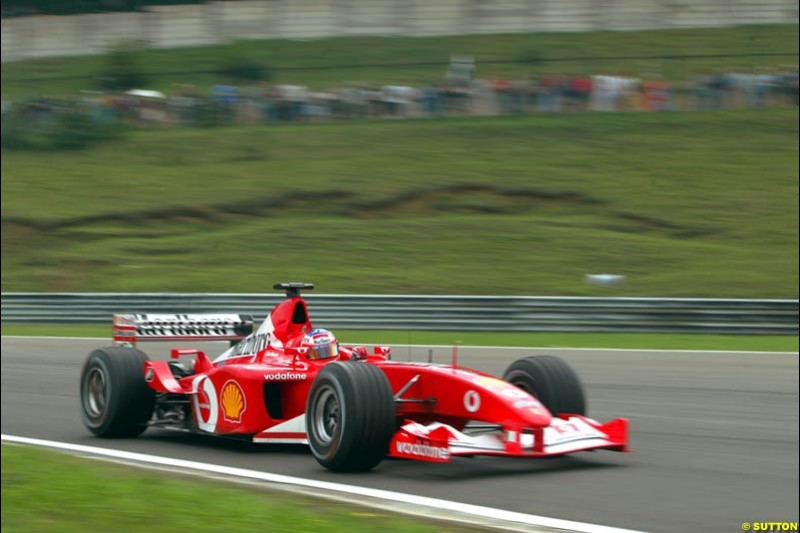 Rubens Barrichello, Ferrari, during Friday free practice for the Hungarian Grand Prix, Hungaroring, Hungary, August 16 2002.