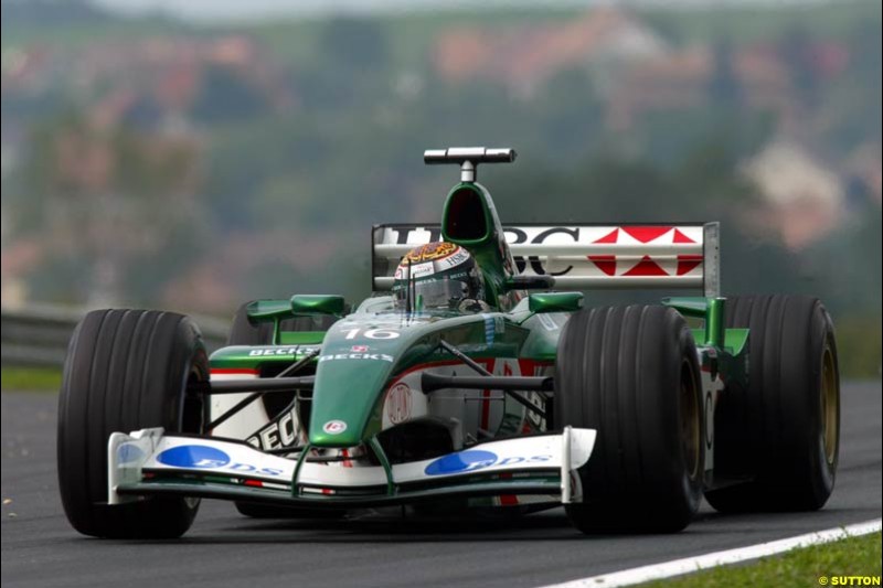 Eddie Irvine, Jaguar, during Friday free practice for the Hungarian Grand Prix, Hungaroring, Hungary, August 16 2002.