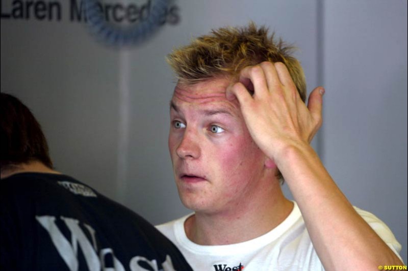 Kimi Raikkonen, McLaren, during Friday free practice for the Hungarian Grand Prix, Hungaroring, Hungary, August 16 2002.