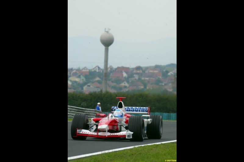 Mika Salo, Toyota, during Friday free practice for the Hungarian Grand Prix, Hungaroring, Hungary, August 16 2002.