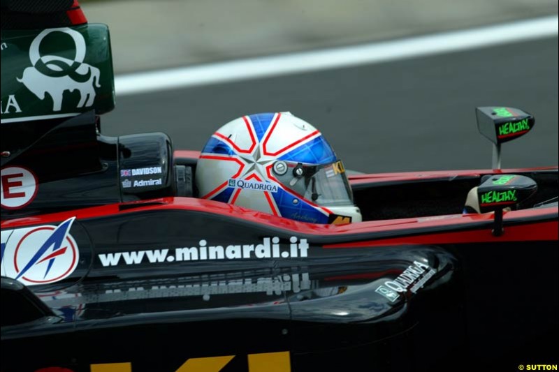 Anthony Davidson, Minardi, during Friday free practice for the Hungarian Grand Prix, Hungaroring, Hungary, August 16 2002.