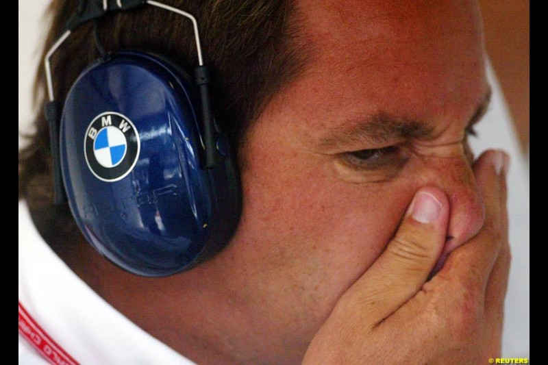 Gerhard Berger, BMW, during Friday free practice for the Hungarian Grand Prix, Hungaroring, Hungary, August 16 2002.
