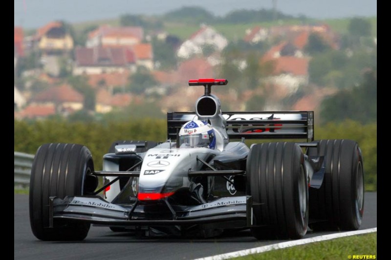 David Coulthard, McLaren, during Friday free practice for the Hungarian Grand Prix, Hungaroring, Hungary, August 16 2002.