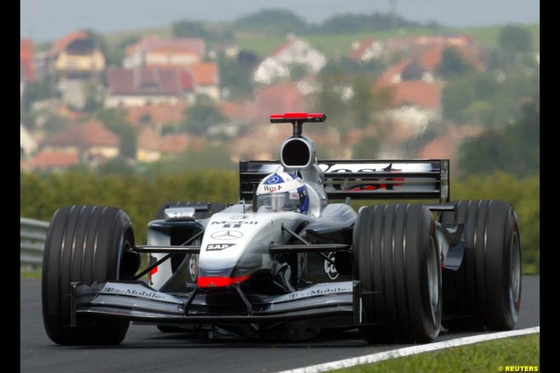 David Coulthard, McLaren, during Friday free practice for the Hungarian Grand Prix, Hungaroring, Hungary, August 16 2002.
