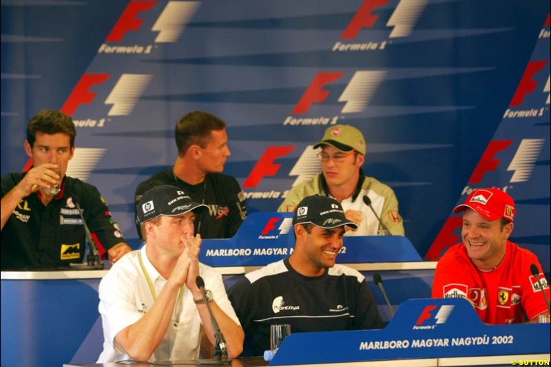 The FIA Thursday Press Conference. Mark Webber, Minardi; David Coulthard, McLaren; Jacques Villeneuve, British American Racing; Ralf Schumacher, Williams; Juan Pablo Montoya, Williams; Rubens Barrichello, Ferrari. Hungarian Grand Prix, Budapest, Hungary, August 15th 2002.