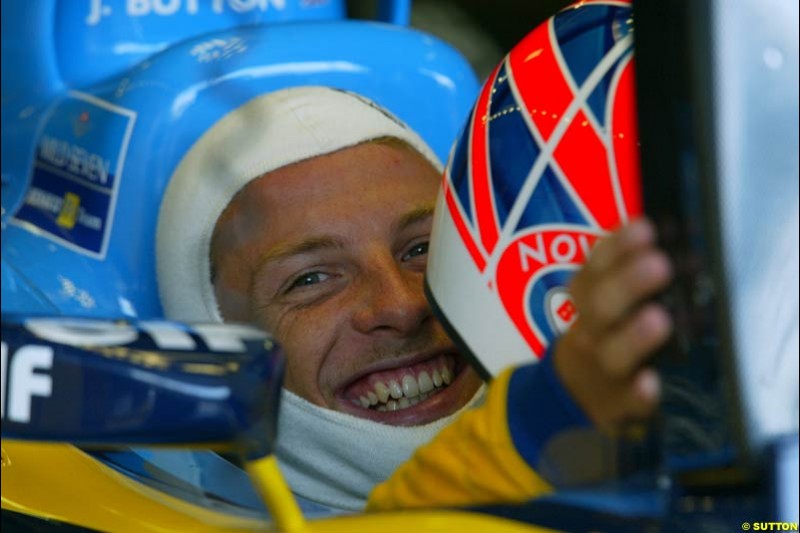 Jenson Button, Renault, during Qualifying, Hungarian Grand Prix, Budapest, August 17 2002.