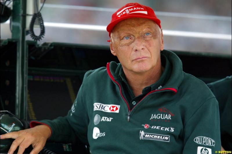 Niki Lauda, Team Principal of Jaguar, during Qualifying, Hungarian Grand Prix, Budapest, August 17 2002.