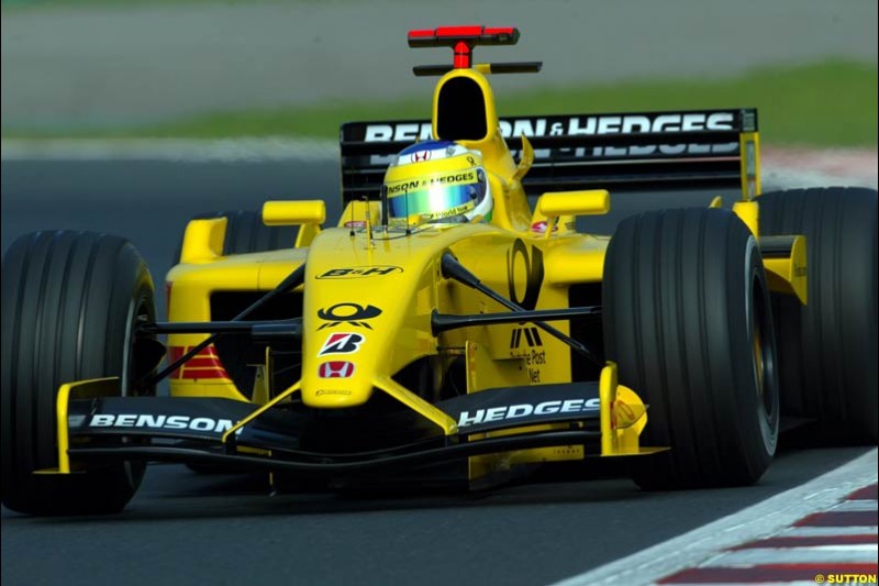 Giancarlo Fisichella, Jordan, during Saturday free practice, Hungarian Grand Prix, Budapest, August 17 2002.