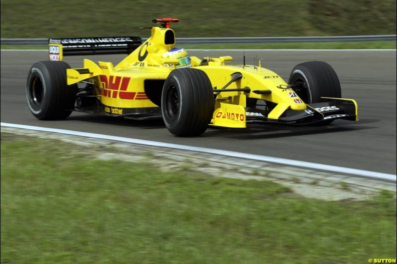 Giancarlo Fisichella, Jordan, during Saturday free practice, Hungarian Grand Prix, Budapest, August 17 2002.