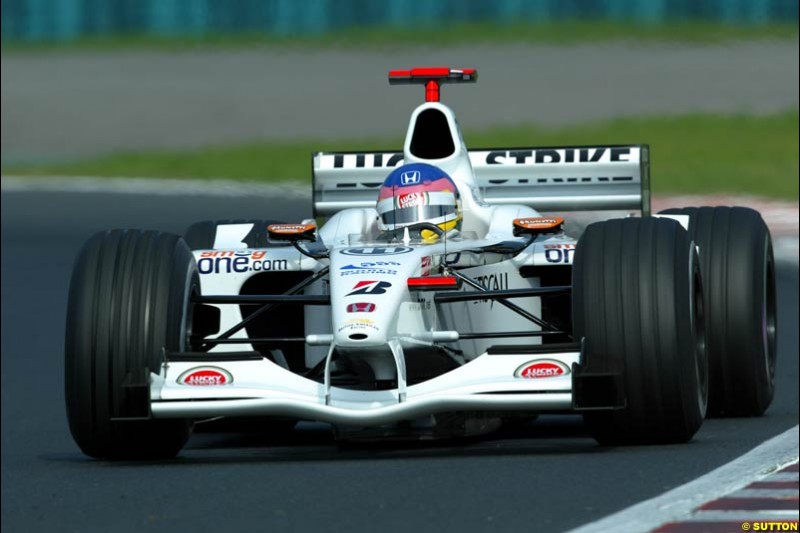 Jacques Villeneuve, British American Racing, during Saturday free practice, Hungarian Grand Prix, Budapest, August 17 2002.