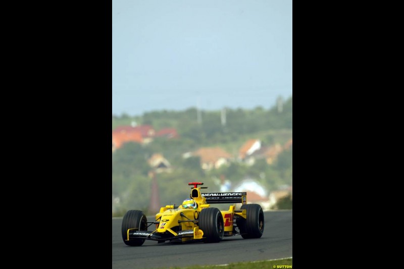 Giancarlo Fisichella, Jordan, during Saturday free practice, Hungarian Grand Prix, Budapest, August 17 2002.