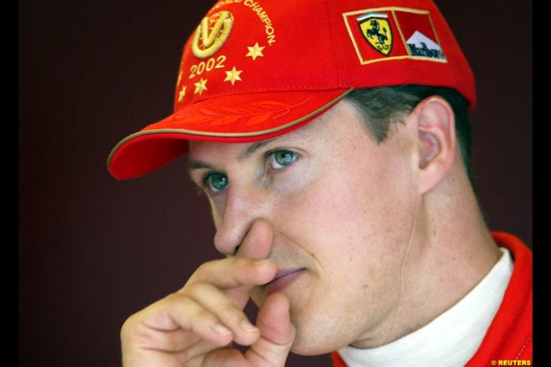 Michael Schumacher, Ferrari, during Saturday free practice, Hungarian Grand Prix, Budapest, August 17 2002.