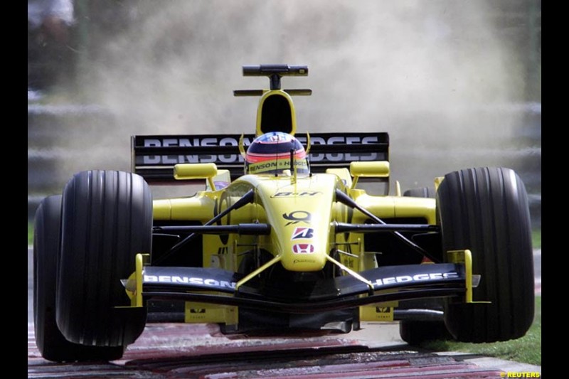 Takuma Sato, Jordan, during Saturday free practice, Hungarian Grand Prix, Budapest, August 17 2002.