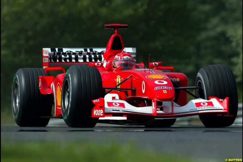 Michael Schumacher, Ferrari, during Saturday free practice, Hungarian Grand Prix, Budapest, August 17 2002.