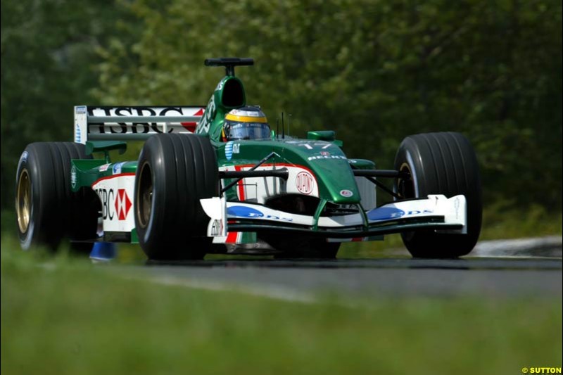 Pedro de la Rosa, Jaguar, during Saturday free practice, Hungarian Grand Prix, Budapest, August 17 2002.