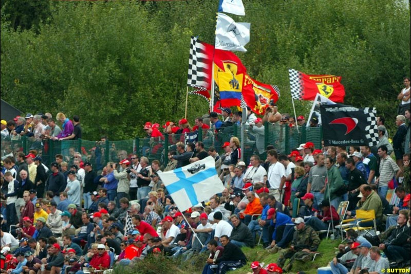 The Fans during Qualifying. Belgian Grand Prix, Spa-Francorchamps, Belgium, August 31st 2002.