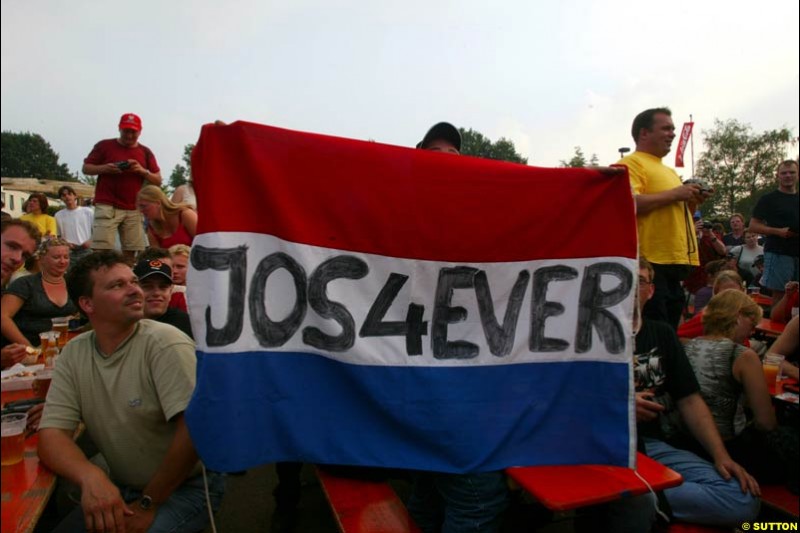 Local fans show their continued support for Jos Verstappen during Saturday Free Practice. Belgian Grand Prix, Spa-Francorchamps, Belgium, August 31st 2002.