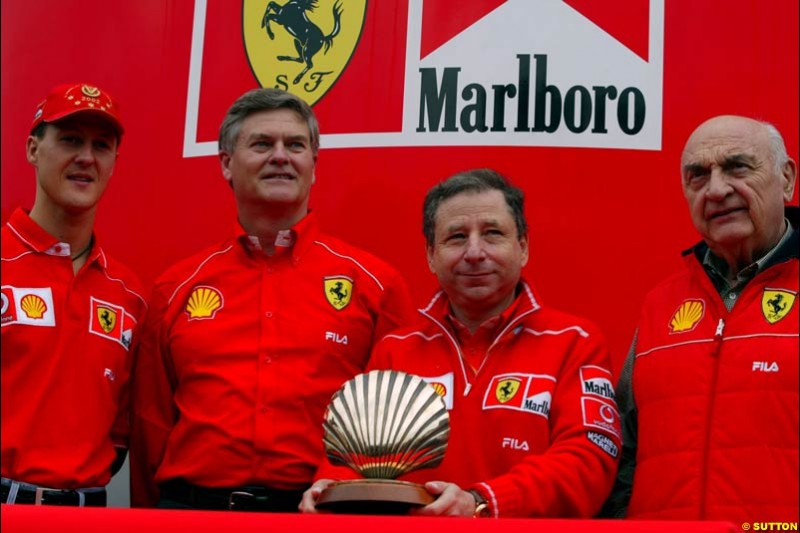 Michael Schumacher and Jean Todt of Ferrari attend a Shell Press Event. Italian Grand Prix, Monza, Italy. September 13th 2002.