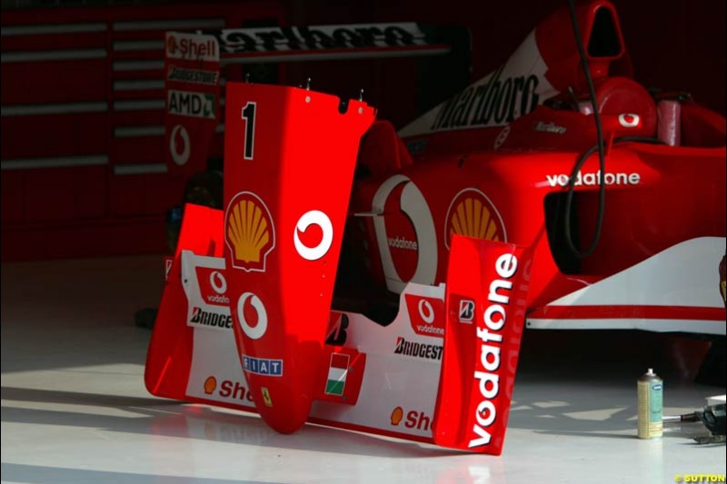 A Ferrari nose cone during Friday Free Practice. Italian Grand Prix, Monza, Italy. September 13th 2002.