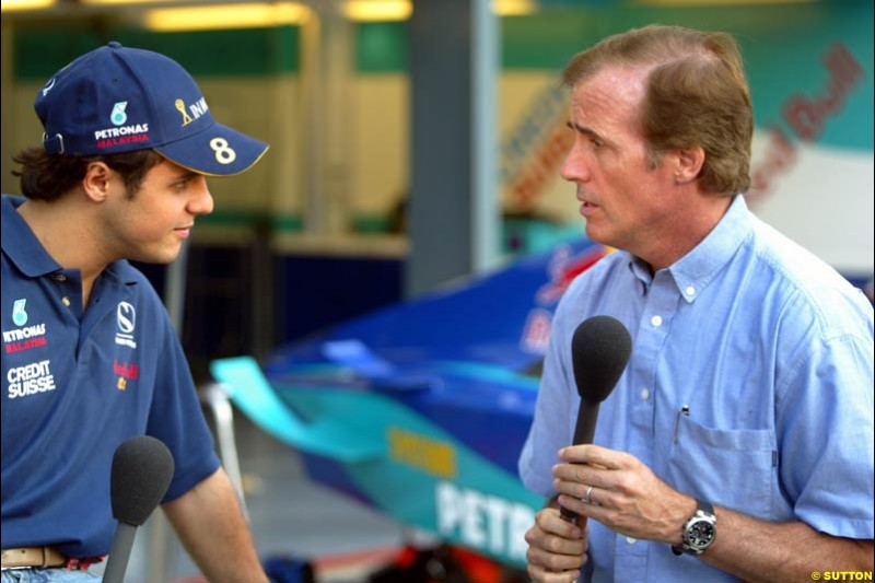 Danny Sullivan interviews Felipe Massa, Sauber, during Saturday Free Practice. Italian Grand Prix, Monza, Italy. September 14th 2002.