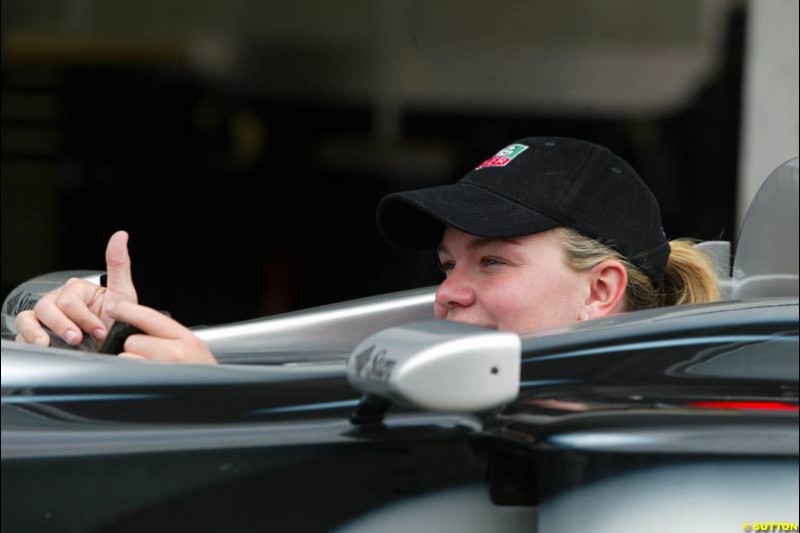 Sarah Fischer in a McLaren demo. Friday Free Practice, United States GP, Indianapolis, September 27th 2002.