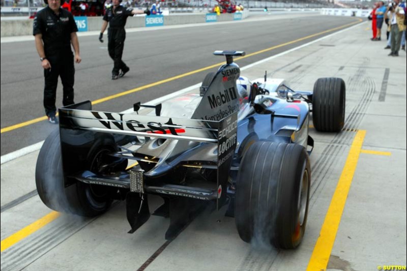 David Coulthard, McLaren, Friday Free Practice, United States GP, Indianapolis, September 27th 2002.