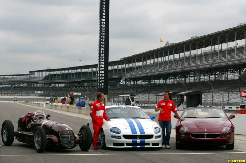 Ferrari's Rubens Barrichello and Michael Schumacher at the Indianapolis Motor Speedway, United States GP, Indianapolis, September 26th 2002.