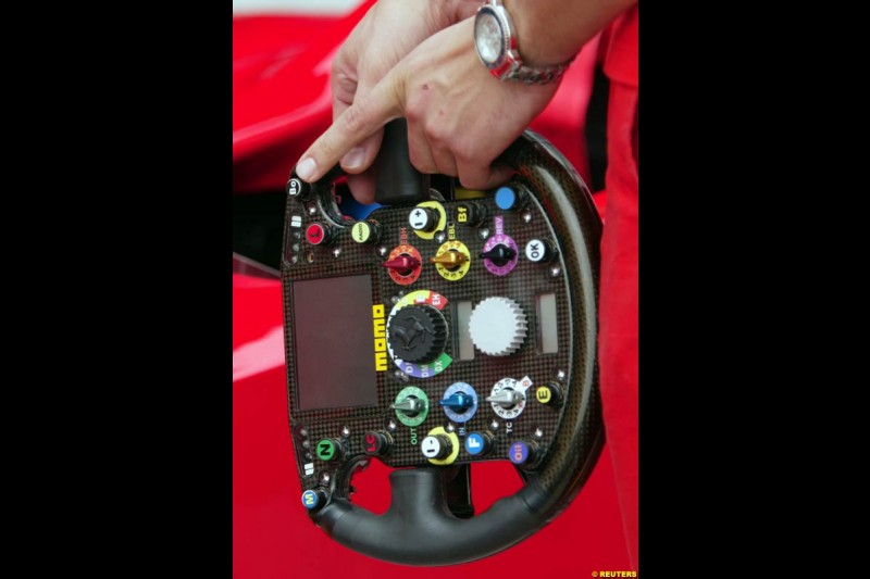 A Ferrari steering wheel, at the Indianapolis Motor Speedway, United States GP, Indianapolis, September 26th 2002.