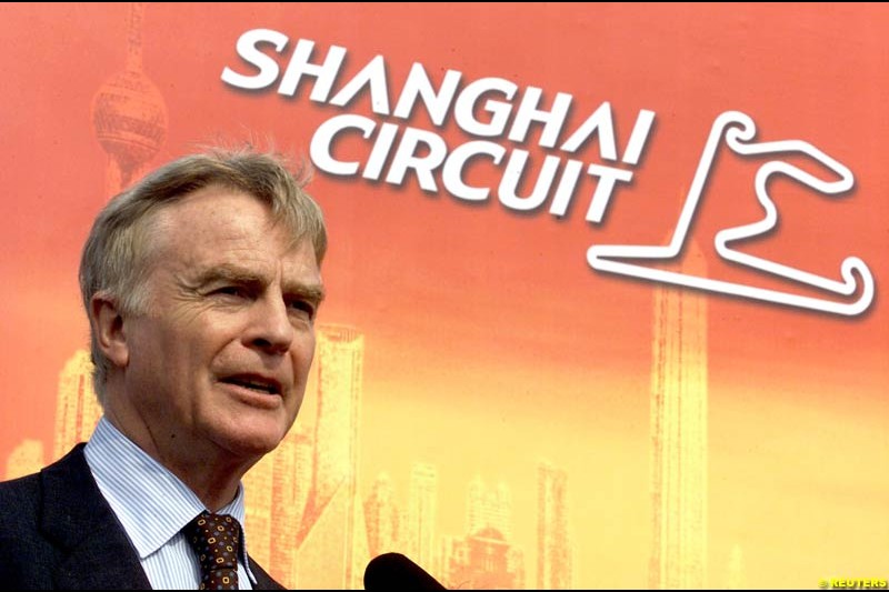 Max Mosley, president of the FIA, delivers a speech during the Shanghai Circuit's ground-breaking ceremony October 17, 2002.