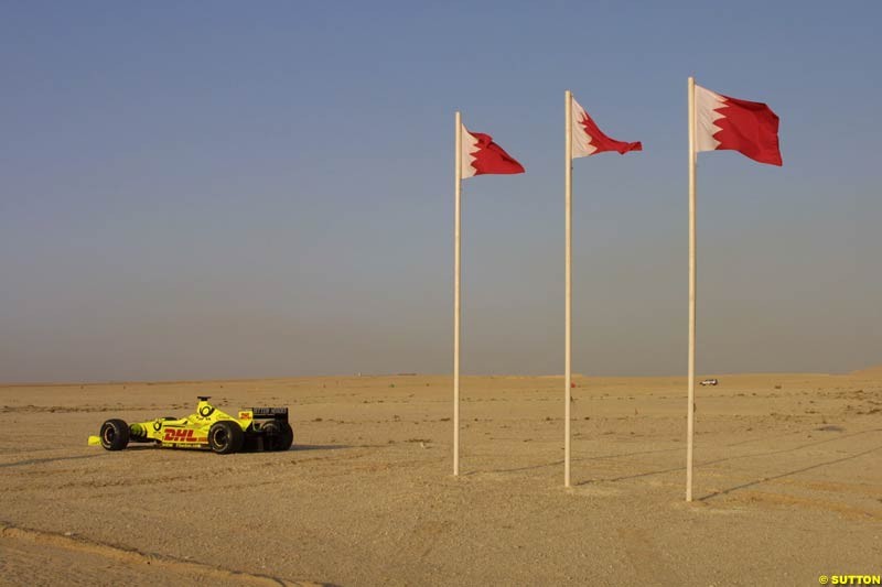 October 10th 2002: Max Mosley, HRH Prince Andrew, TheDuke of York and Prince Shaikh Salman bin Hamad al Khalifa formally began the buillding of the new Bahrain Racing Circuit at a ceremony in Sakhir, by laying a foundation stone in advance of the proposed Bahrain Grand Prix.