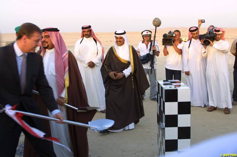 October 10th 2002: Max Mosley, HRH Prince Andrew, TheDuke of York and Prince Shaikh Salman bin Hamad al Khalifa formally began the buillding of the new Bahrain Racing Circuit at a ceremony in Sakhir, by laying a foundation stone in advance of the proposed Bahrain Grand Prix.