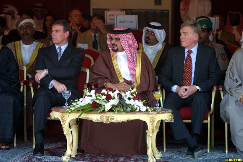 October 10th 2002: Max Mosley, HRH Prince Andrew, TheDuke of York and Prince Shaikh Salman bin Hamad al Khalifa formally began the buillding of the new Bahrain Racing Circuit at a ceremony in Sakhir, by laying a foundation stone in advance of the proposed Bahrain Grand Prix.