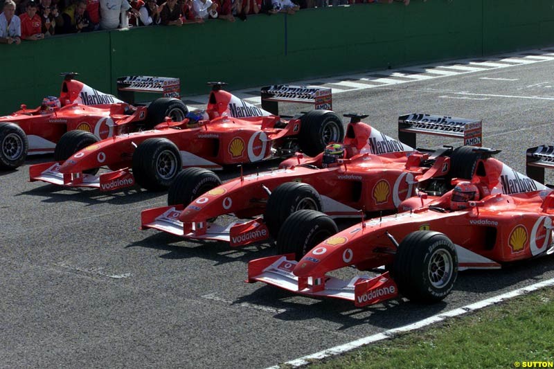 Ferrari celebrate at Misano, Italy, in front of a crowd of 50,000 spectators, the end of its successful motor racing year. October 20th 2002.
