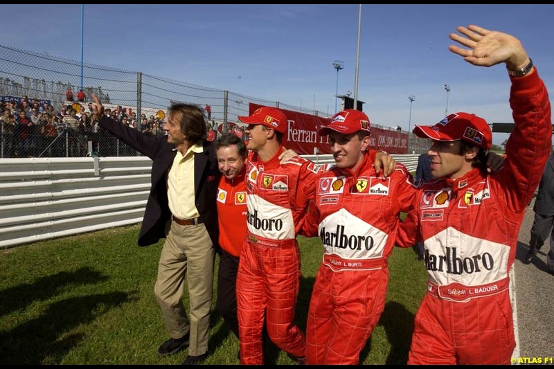 Ferrari celebrate at Misano, Italy, in front of a crowd of 50,000 spectators, the end of its successful motor racing year. October 20th 2002.