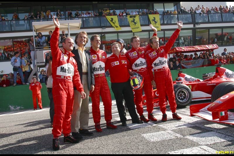 Ferrari celebrate at Misano, Italy, in front of a crowd of 50,000 spectators, the end of its successful motor racing year. October 20th 2002.