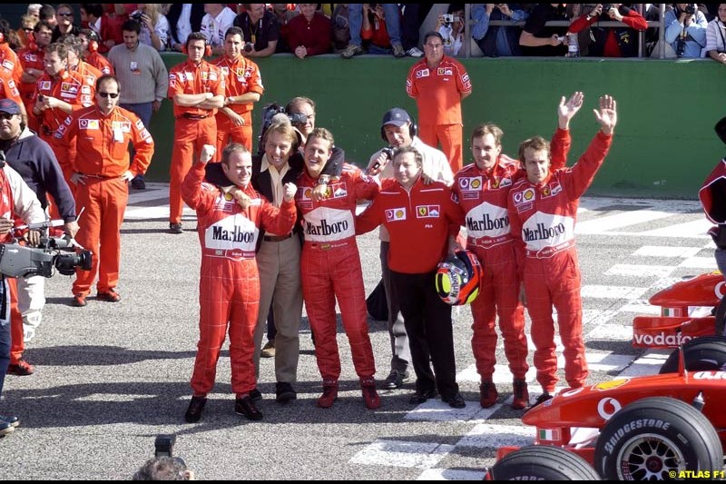 Ferrari celebrate at Misano, Italy, in front of a crowd of 50,000 spectators, the end of its successful motor racing year. October 20th 2002.