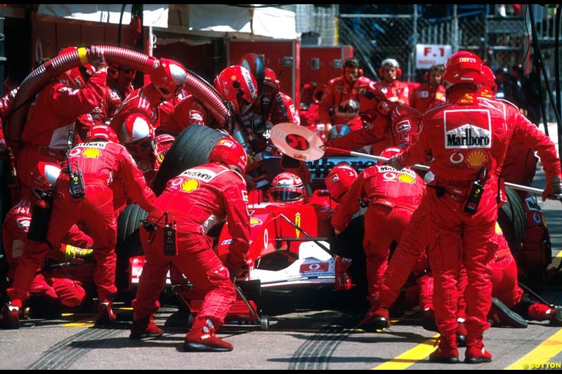 A Ferrari pit stop during the Monaco Grand Prix, Round 7.