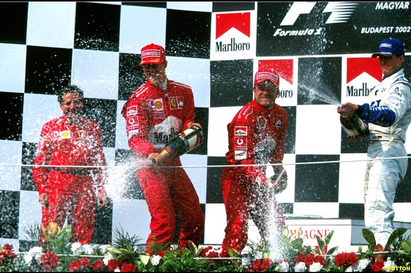 Hungarian Grand Prix, Round 13 Podium. 1-Rubens Barrichello, Ferrari. 2-Michael Schumacher, Ferrari. 3-Juan Pablo Montoya, Williams.