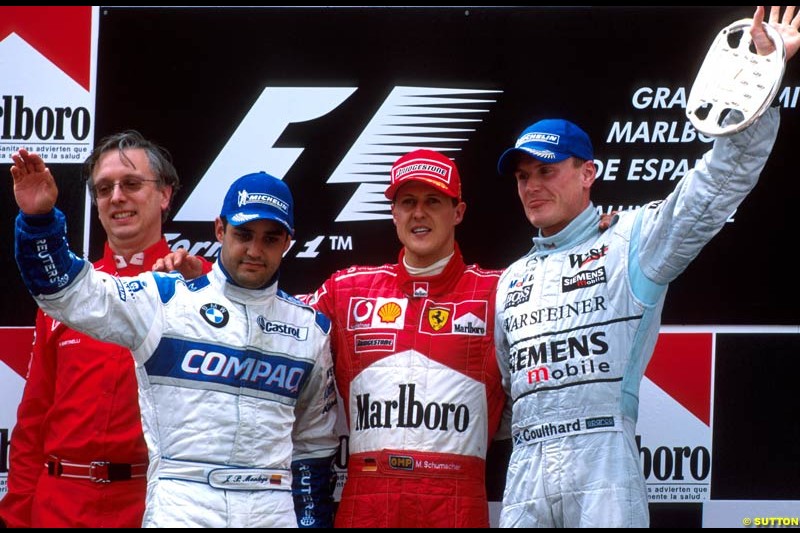 Spanish Grand Prix, Round 5 Podium. 1-Michael Schumacher, Ferrari. 2-Juan Pablo Montoya, Williams. 3-David Coulthard, McLaren.