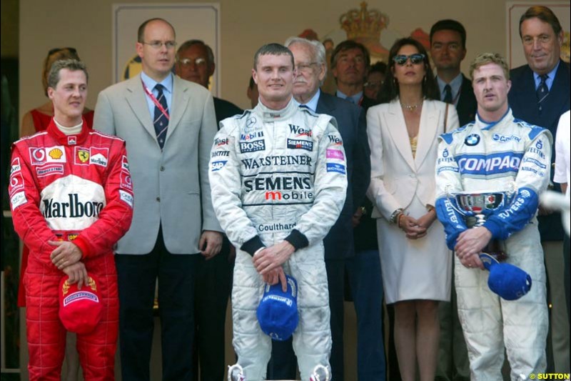 Monaco Grand Prix, Round 7 Podium. 1-David Coulthard, McLaren. 2-Michael Schumacher, Ferrari. 3-Ralf Schumacher, Williams.